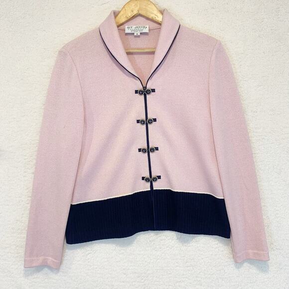 St John Collection Cardigan Sweater Size 8 Pink and Navy Blue Luxury Classy Chic - Picture 1 of 6